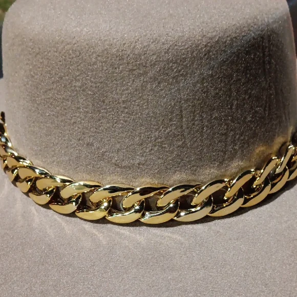 Tan Wide-Brim Hat with Gold Chain - Picture 2 of 4